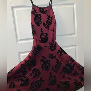 Burgundy Cross Back Dress with Black Velvet Roses Size XS